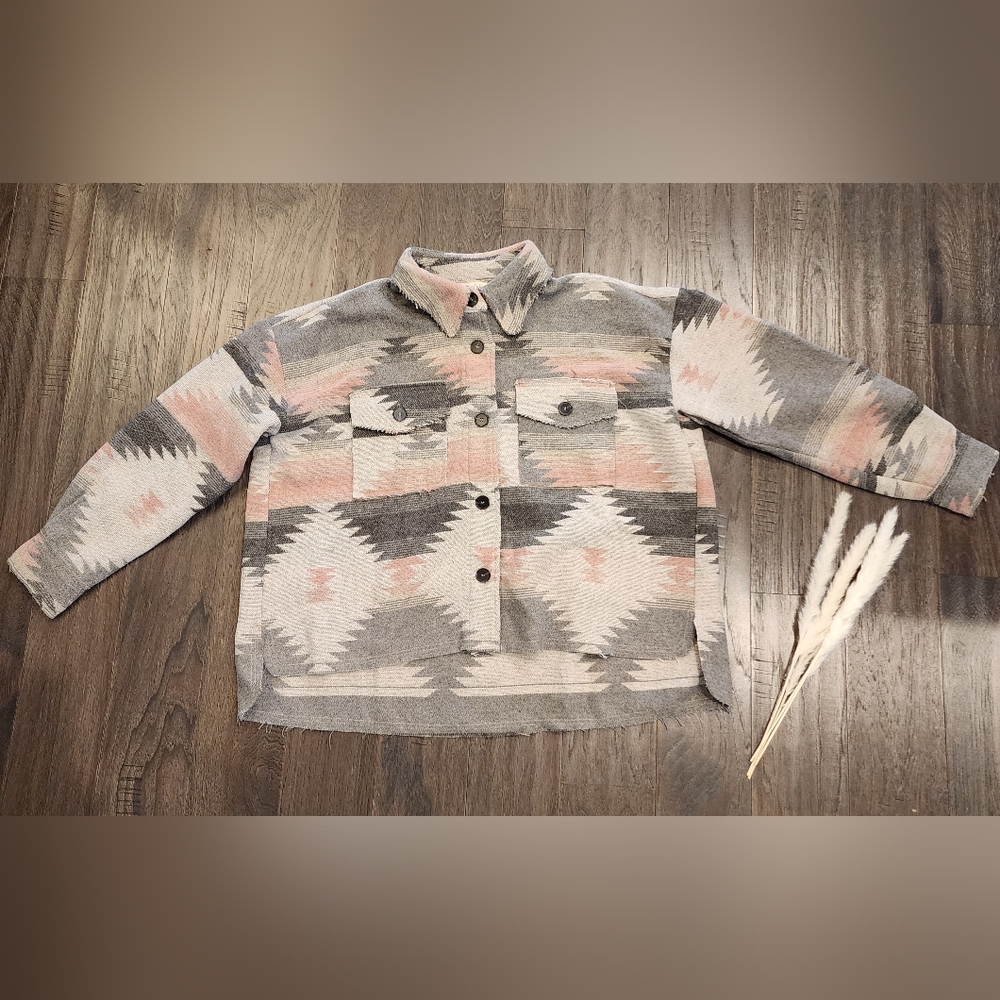 La Miel, Oversized Zion distressed button down shacket.  Size S.